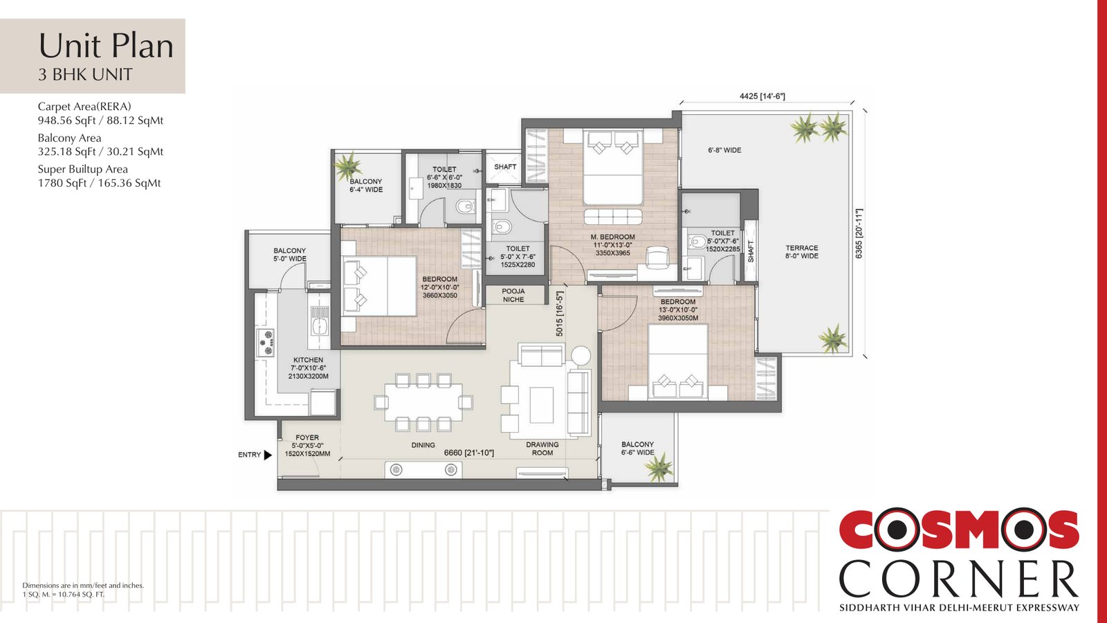 AU Cosmos Corner 3 BHK Floor Plan (1780 sq ft)
