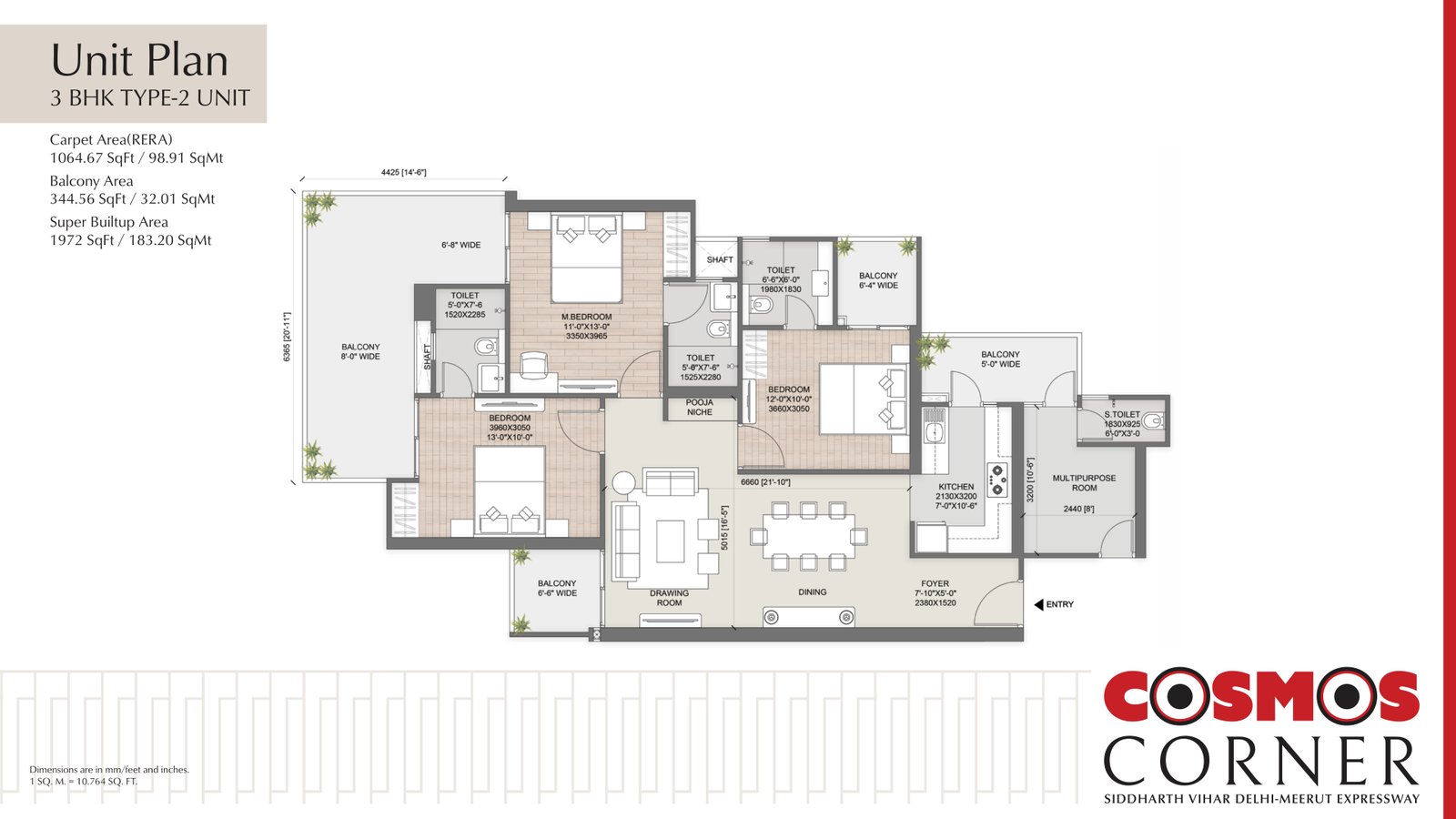 AU Cosmos Corner 3 BHK Type-2 Floor Plan (1972 sq ft)