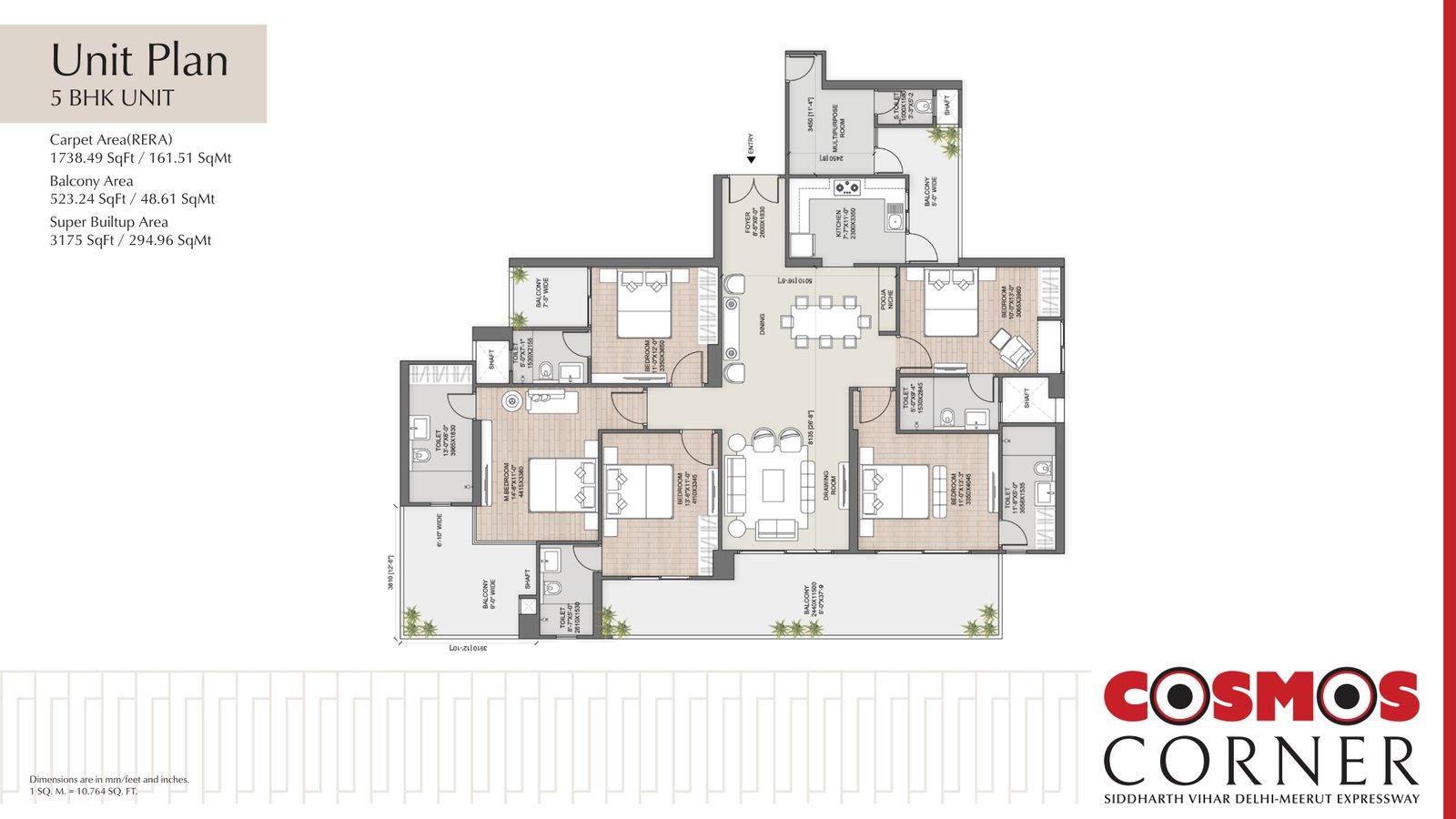 AU Cosmos Corner 5 BHK Presidential Floor Plan (3175 sq ft)